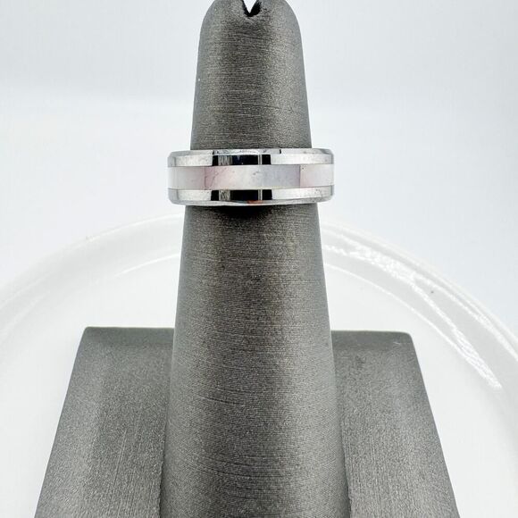 Vintage Tungsten & Mother of Pearl Inlay Band Ring Timeless Elegance Modern - Picture 1 of 7